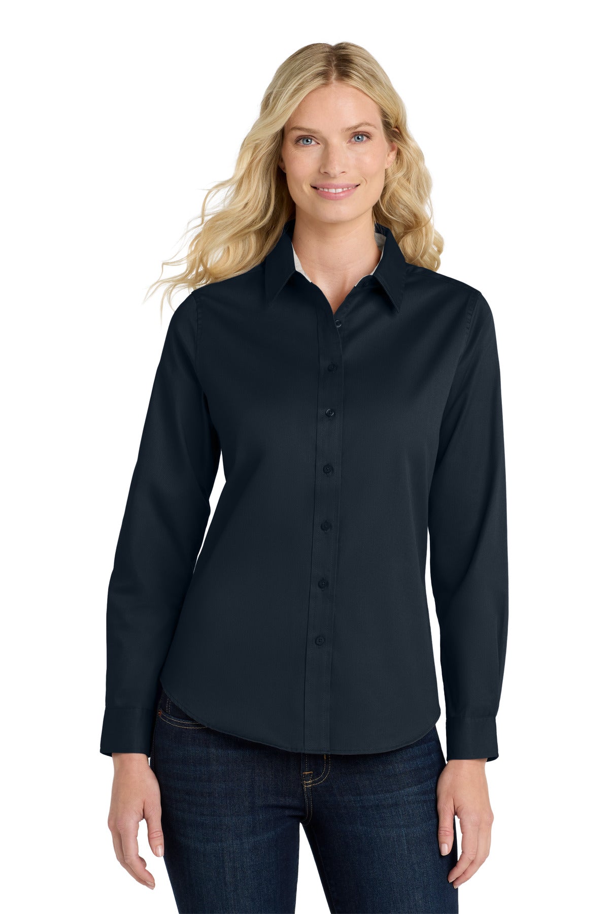 Front View of Cl Navy/Lt Stn Port Authority Women's Long Sleeve Easy Care Shirt. L608