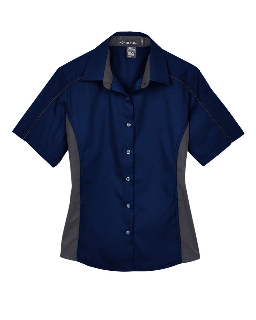Front View of Classic Navy/ Carbon Women&#39;s Fuse Colorbloack Twill Short Sleeve Shirt - 77042