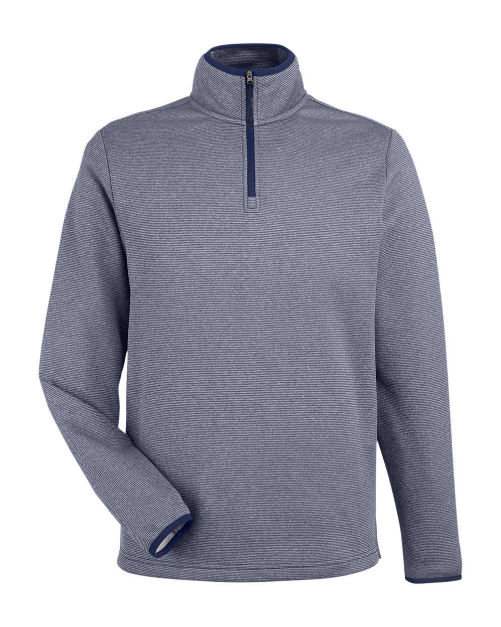 Front View of Classic Navy/ White Men's Venture Heathered Stripe Quarter-Zip Pullover - CE73