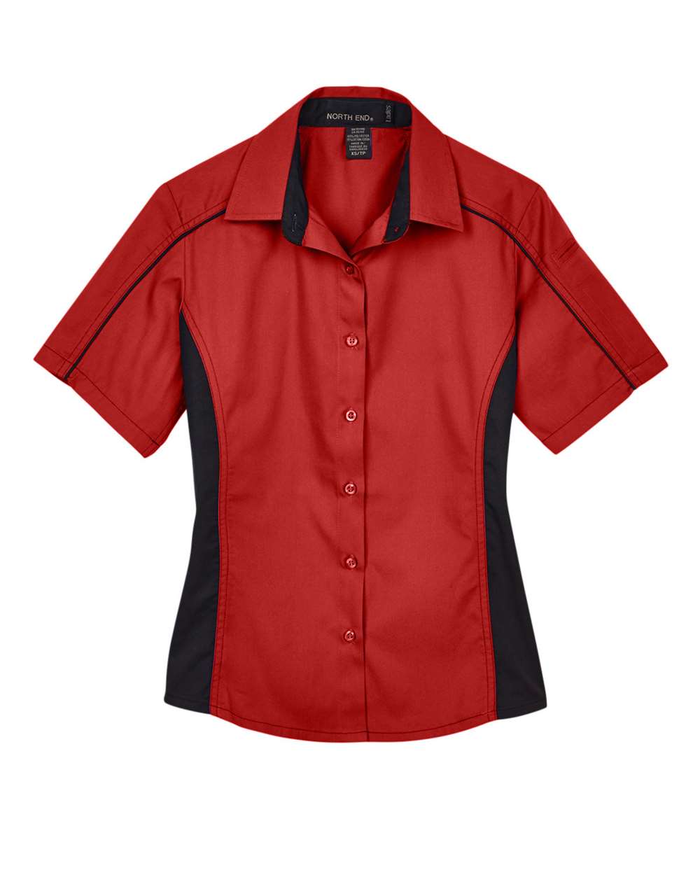 Front View of Classic Red/ Black Women&#39;s Fuse Colorbloack Twill Short Sleeve Shirt - 77042