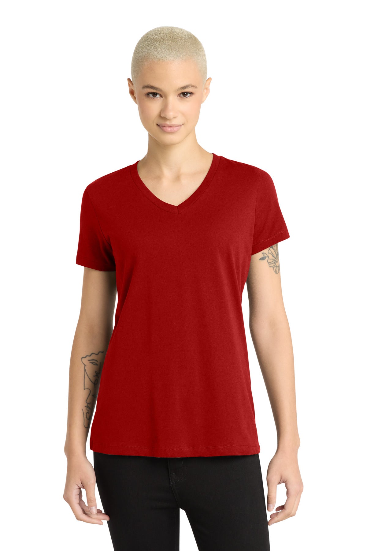 Front View of Classic Red District - Women's Perfect Weight V-Neck Tee. DM1170L