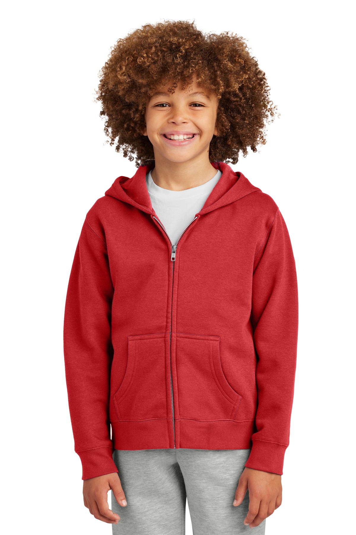Front View of ClassicRed District Youth V.I.T. Fleece Full-Zip Hoodie DT6102Y
