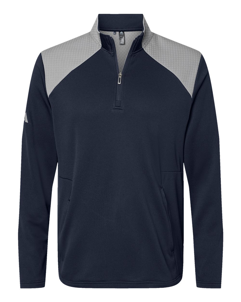 Front View of Collegiate Navy/ Grey Three Textured Mixed Media Quarter-Zip Pullover - A532