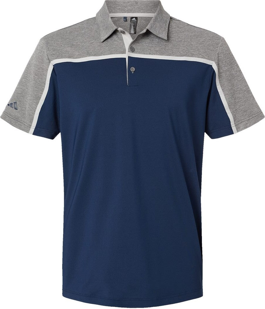 Front View of Collegiate Navy/ Grey Two/ Grey Five Melange Ultimate Colorblocked Polo - A512