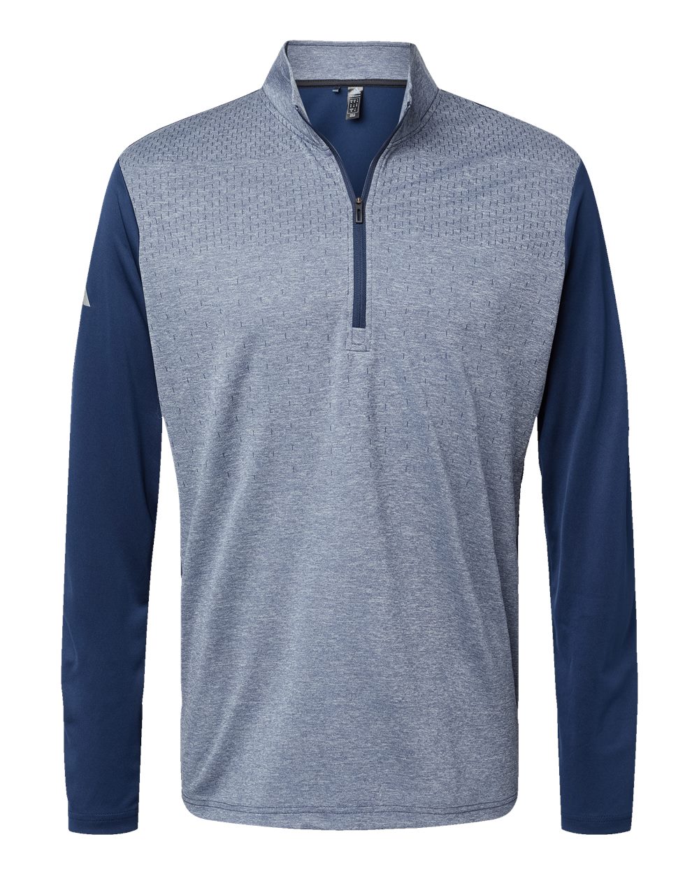 Front View of Collegiate Navy Melange/ Navy/ Grey Three Heather Block Print Quarter-Zip Pullover - A522
