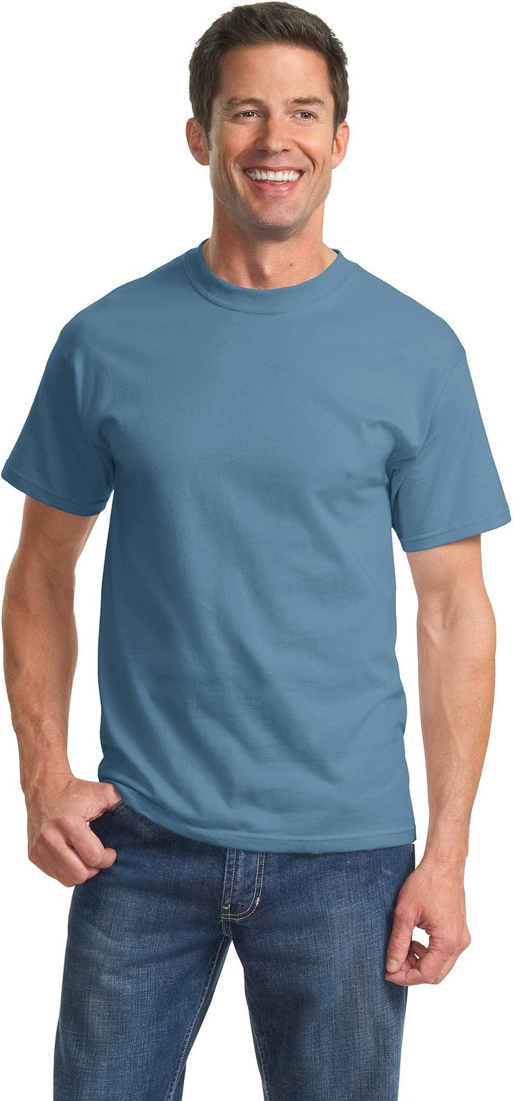 Front View of Colonial Blue Port & Co Tall Essential Tee. PC61T