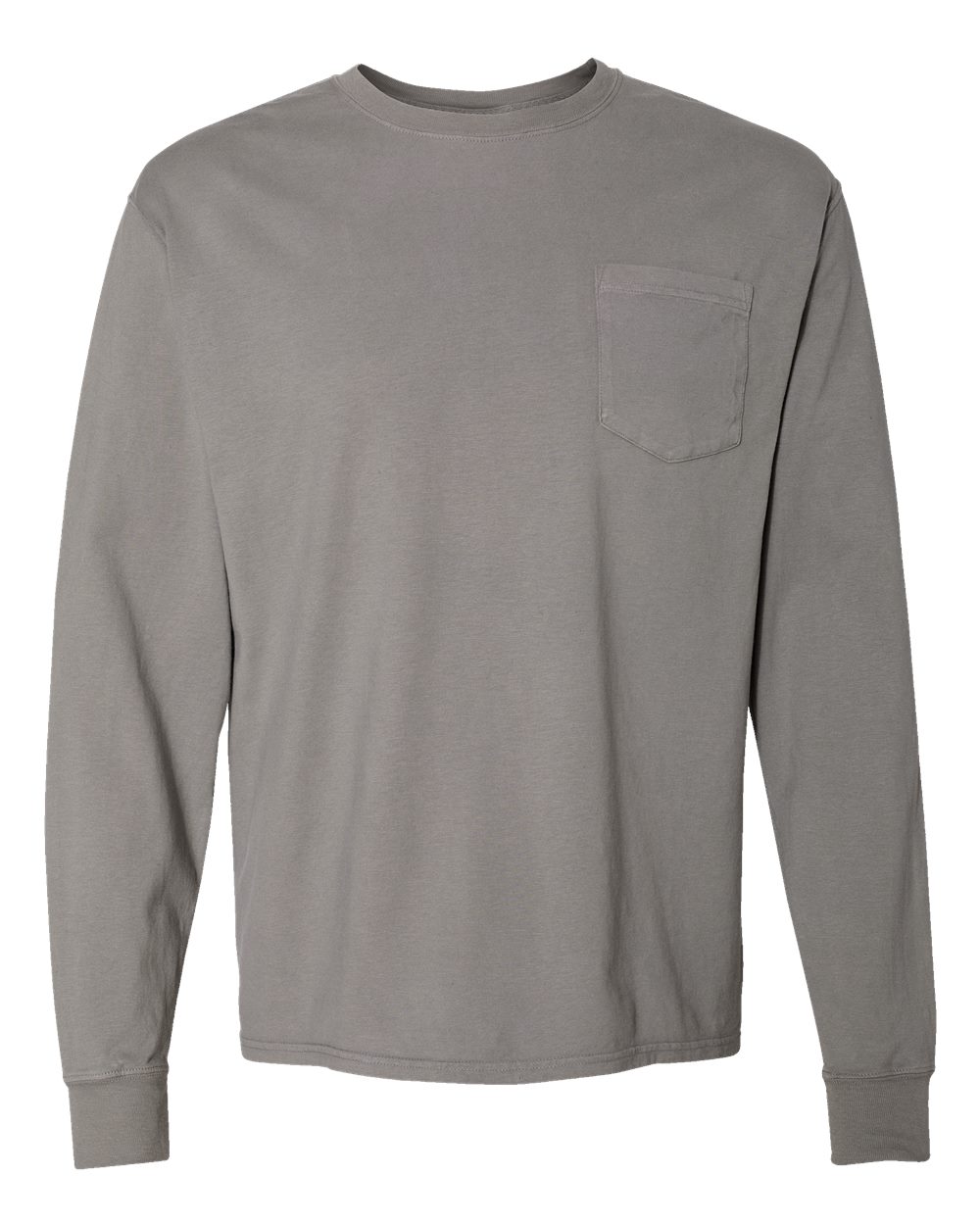 Front View of Concrete Grey Garment-Dyed Long Sleeve T-Shirt With a Pocket - GDH250