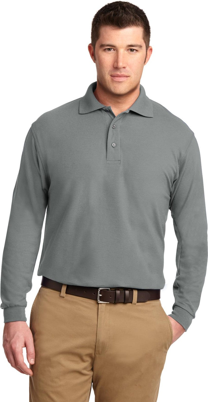 Front View of Cool Gray Port Authority Silk Touch Long Sleeve Polo. K500LS