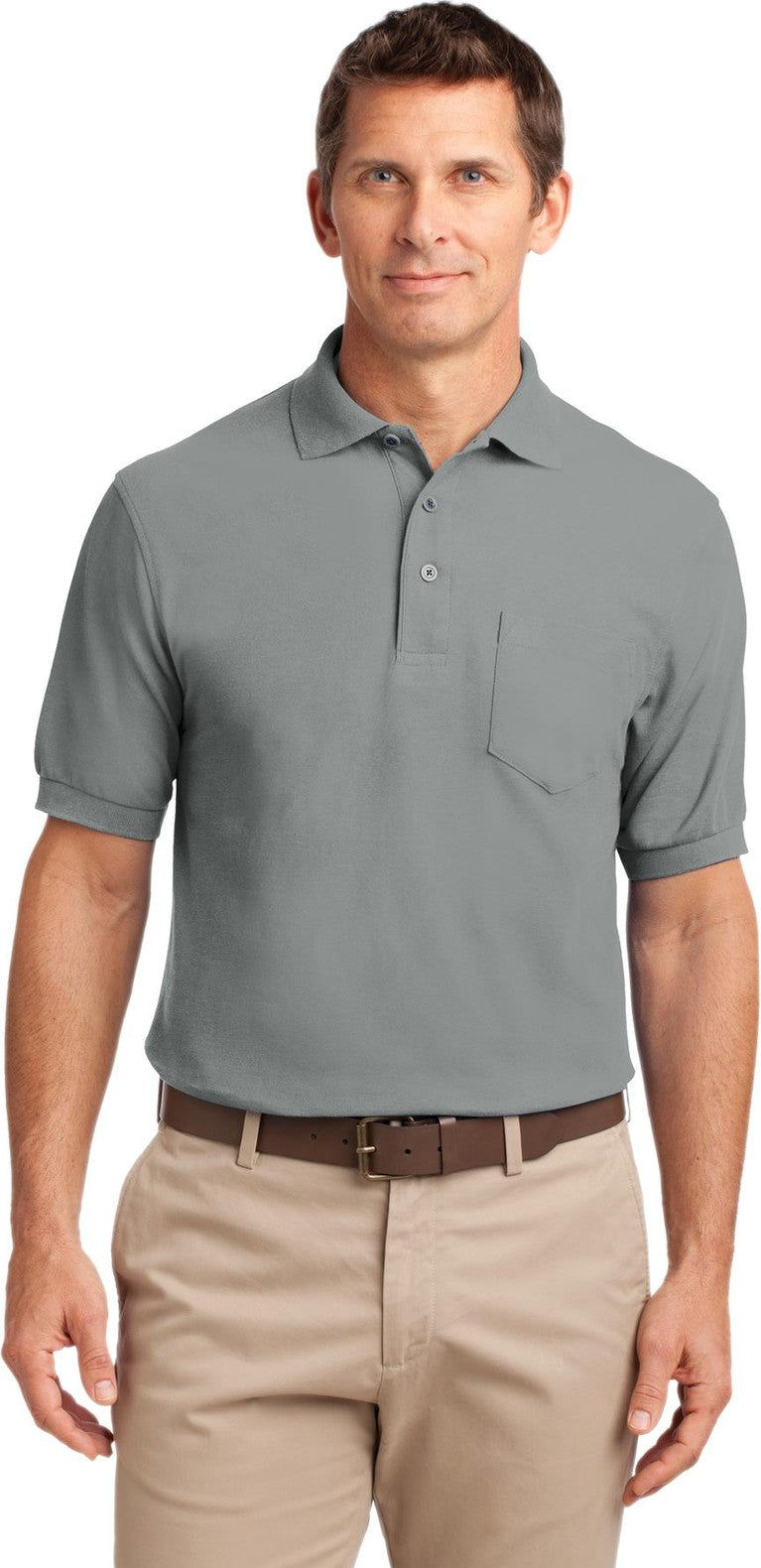 Front View of Cool Grey Port Authority Silk Touch Polo with Pocket. K500P