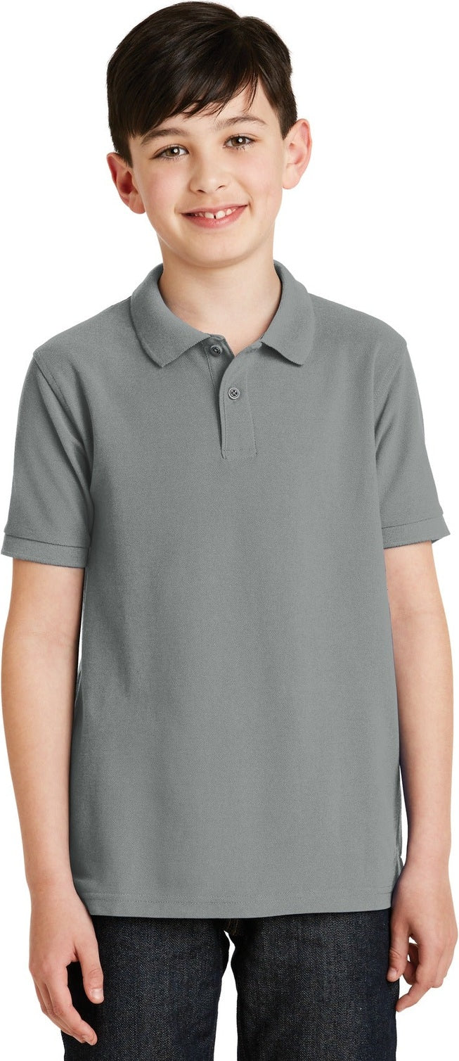 Front View of Cool Grey Port Authority Youth Silk Touch Polo. Y500