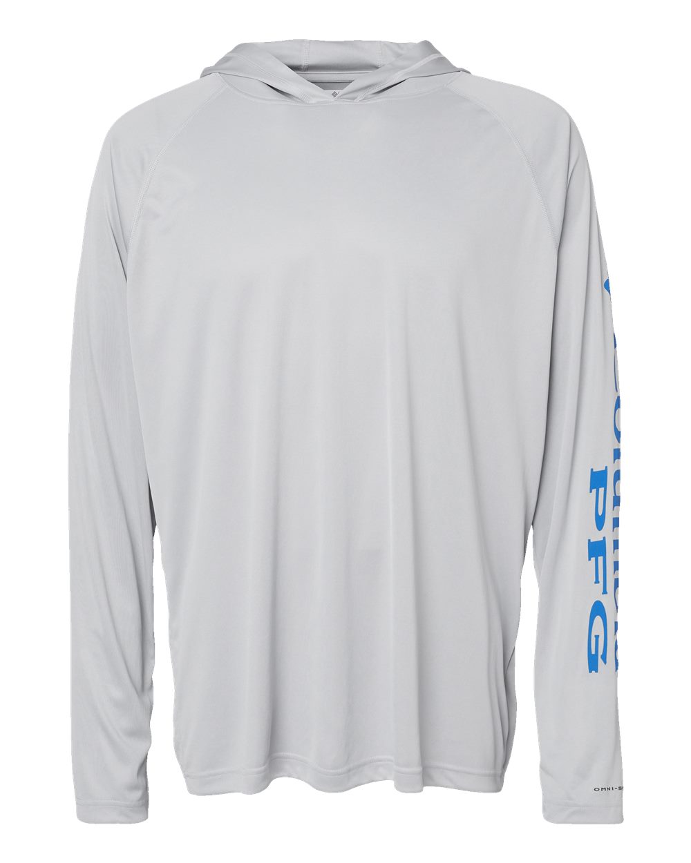 Front View of Cool Grey/ Vivid Blue PFG Terminal Tackle™ Hooded Long Sleeve T-Shirt - 212482
