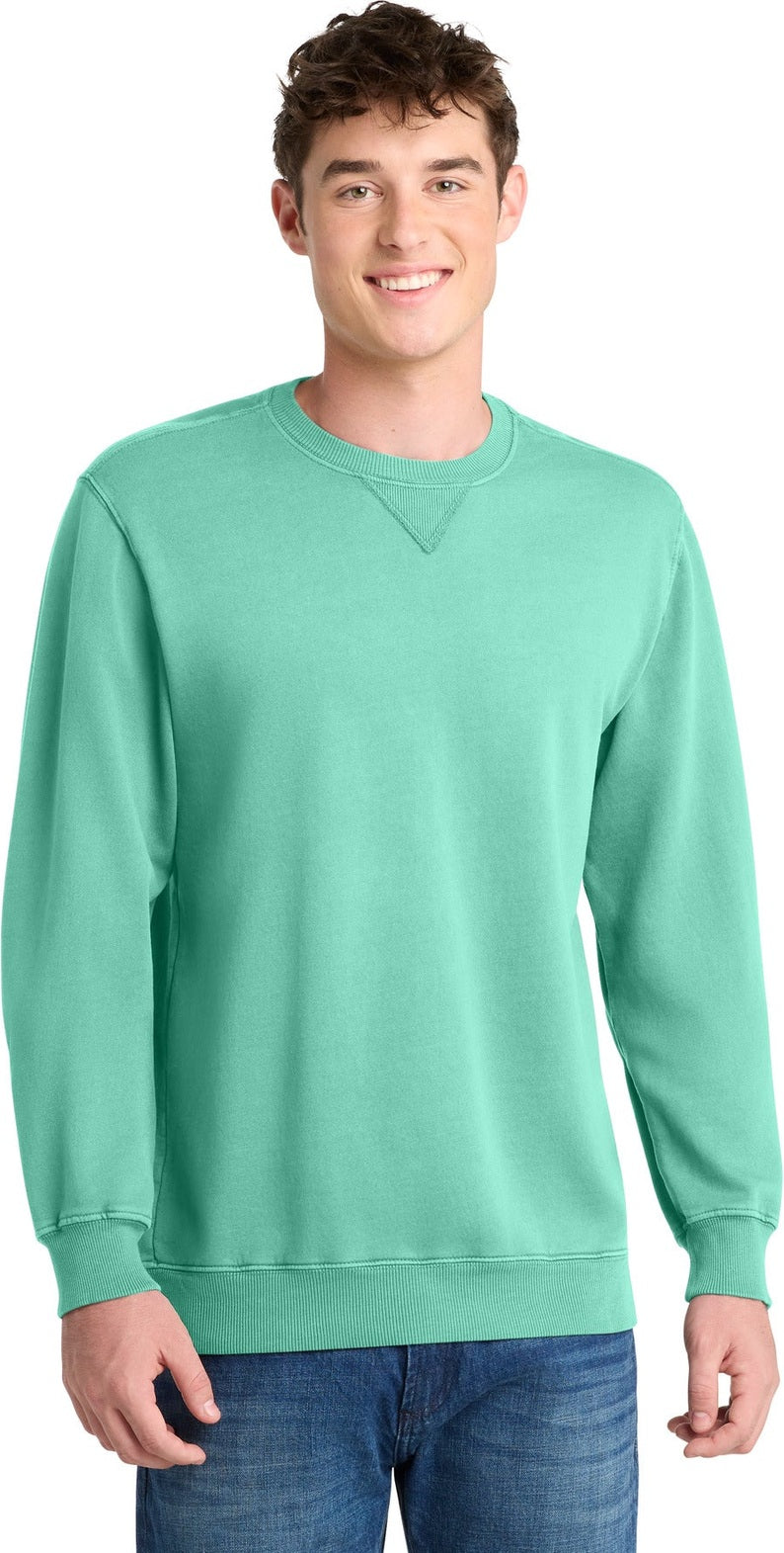 Front View of CoolMint Port & Co Beach Wash Garment-Dyed Crewneck Sweatshirt PC098