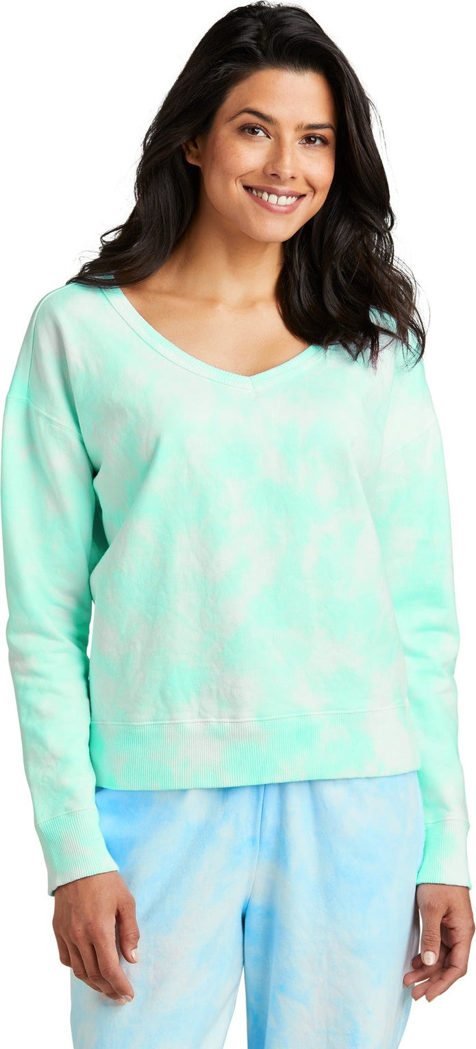 Front View of CoolMint Port & Co Women's Beach Wash Cloud Tie-Dye V-Neck Sweatshirt LPC140V