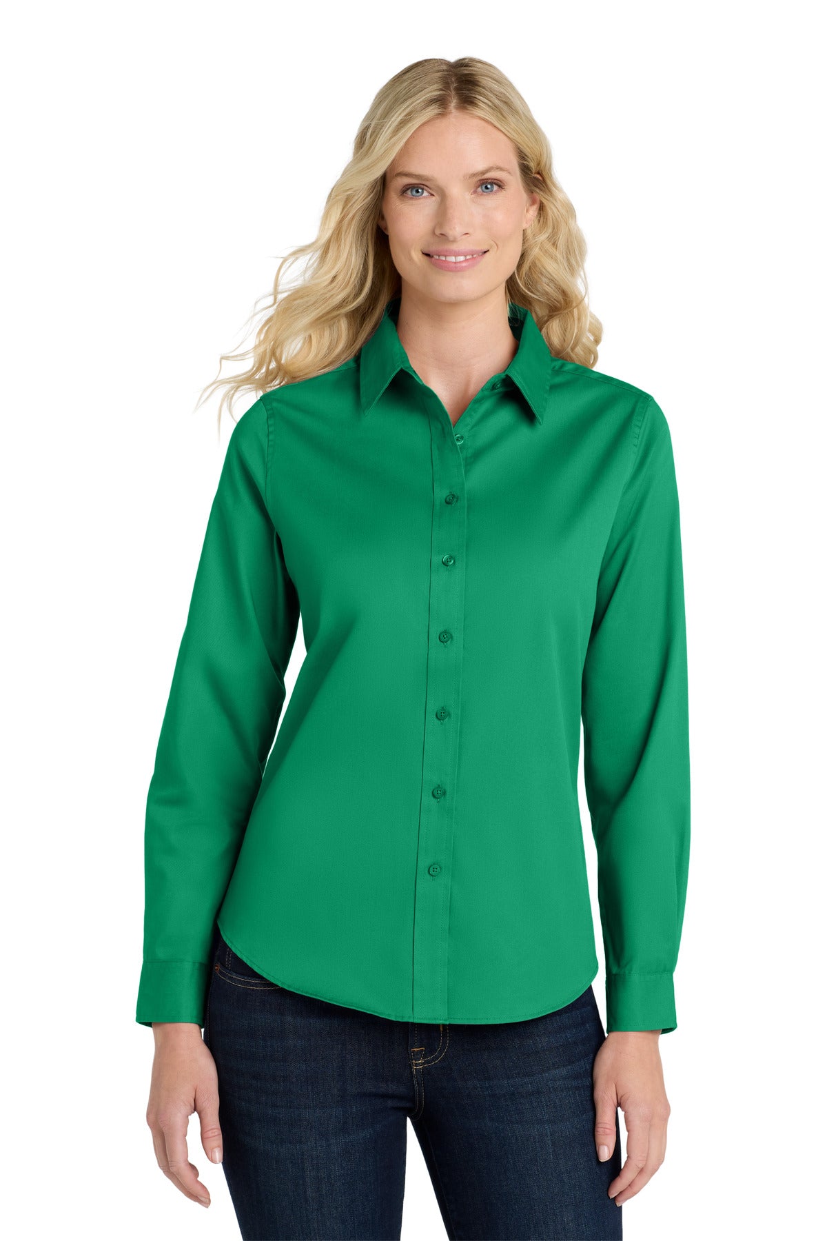 Front View of Court Green Port Authority Women's Long Sleeve Easy Care Shirt. L608