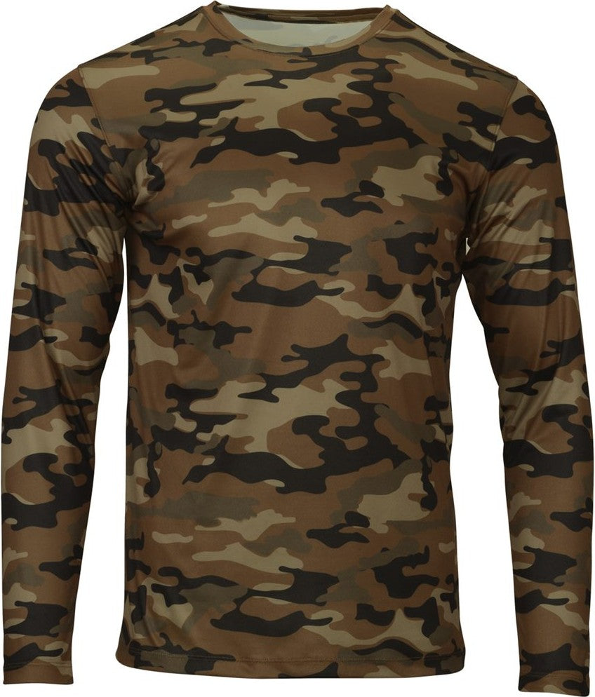 Front View of Coyote Camo Woodland Performance Long Sleeve T-Shirt - 238