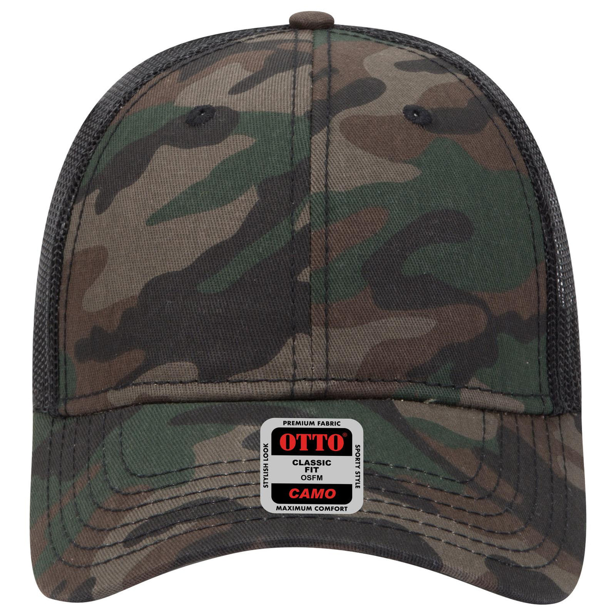 Front View of CP00403 - Camo/BlackMesh OTTO CAP Camouflage 6 Panel Low Profile Mesh Back Trucker Hat