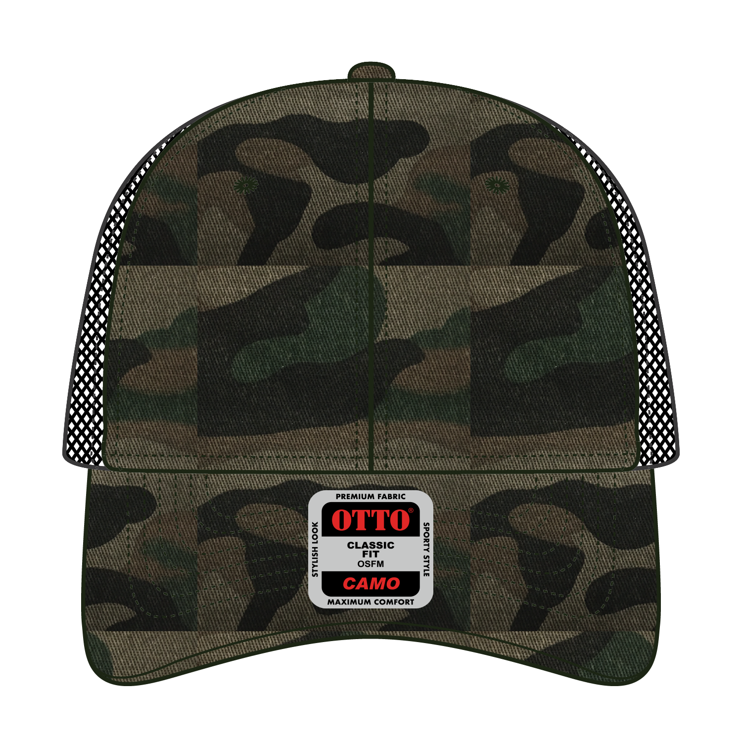 Front View of CP00403 - Camo/BlackMesh OTTO CAP Camouflage 6 Panel Low Profile Mesh Back Trucker Hat