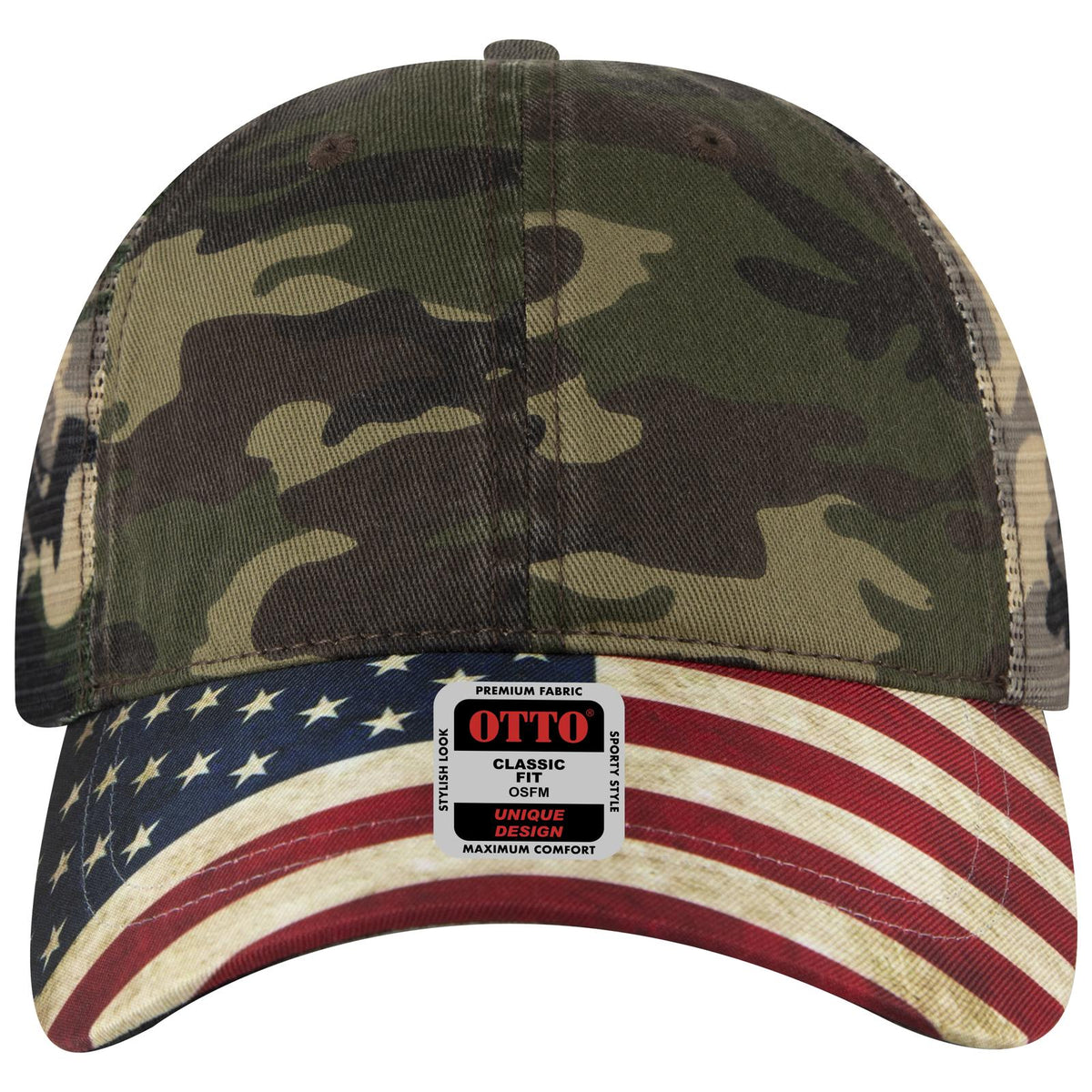Front View of CP008 - Camo 008 OTTO CAP 6 Panel Low Profile Mesh Back Trucker Dad Hat