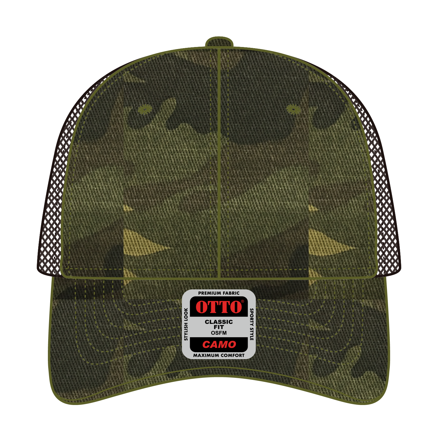 Front View of CP00839 - Camo/BrownMesh OTTO CAP Camouflage 6 Panel Low Profile Mesh Back Trucker Hat