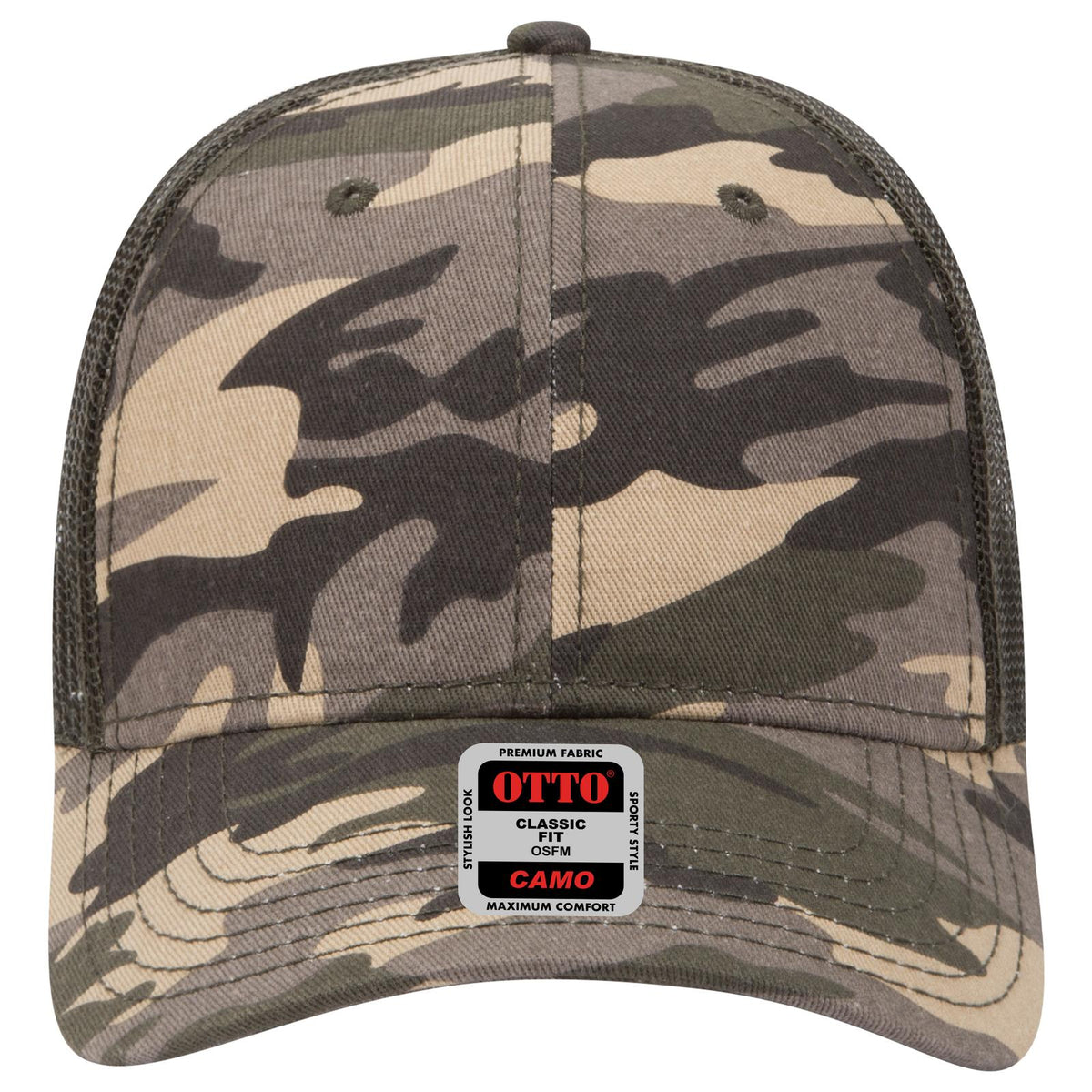 Front View of CP01046 - Camo/OliveMesh OTTO CAP Camouflage 6 Panel Low Profile Mesh Back Trucker Hat