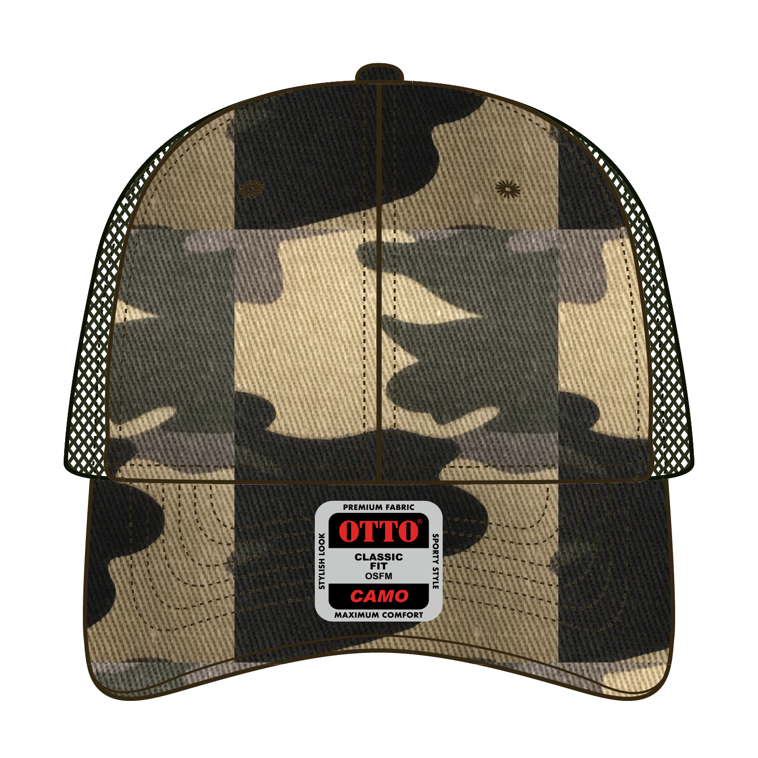 Front View of CP01046 - Camo/OliveMesh OTTO CAP Camouflage 6 Panel Low Profile Mesh Back Trucker Hat