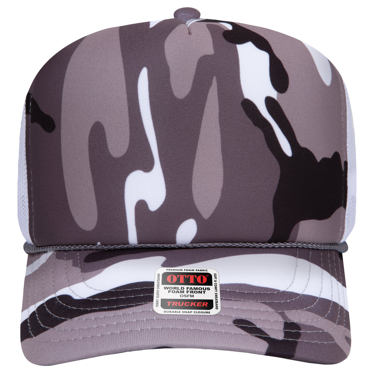 Front View of CP34A16 - Snow Camo/Wht OTTO CAP 5 Panel High Crown Mesh Back Trucker Hat