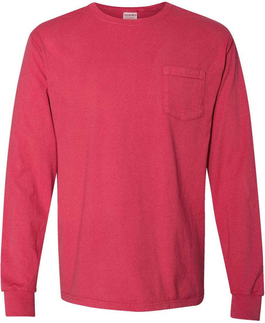 Front View of Crimson Fall Garment-Dyed Long Sleeve T-Shirt With a Pocket - GDH250