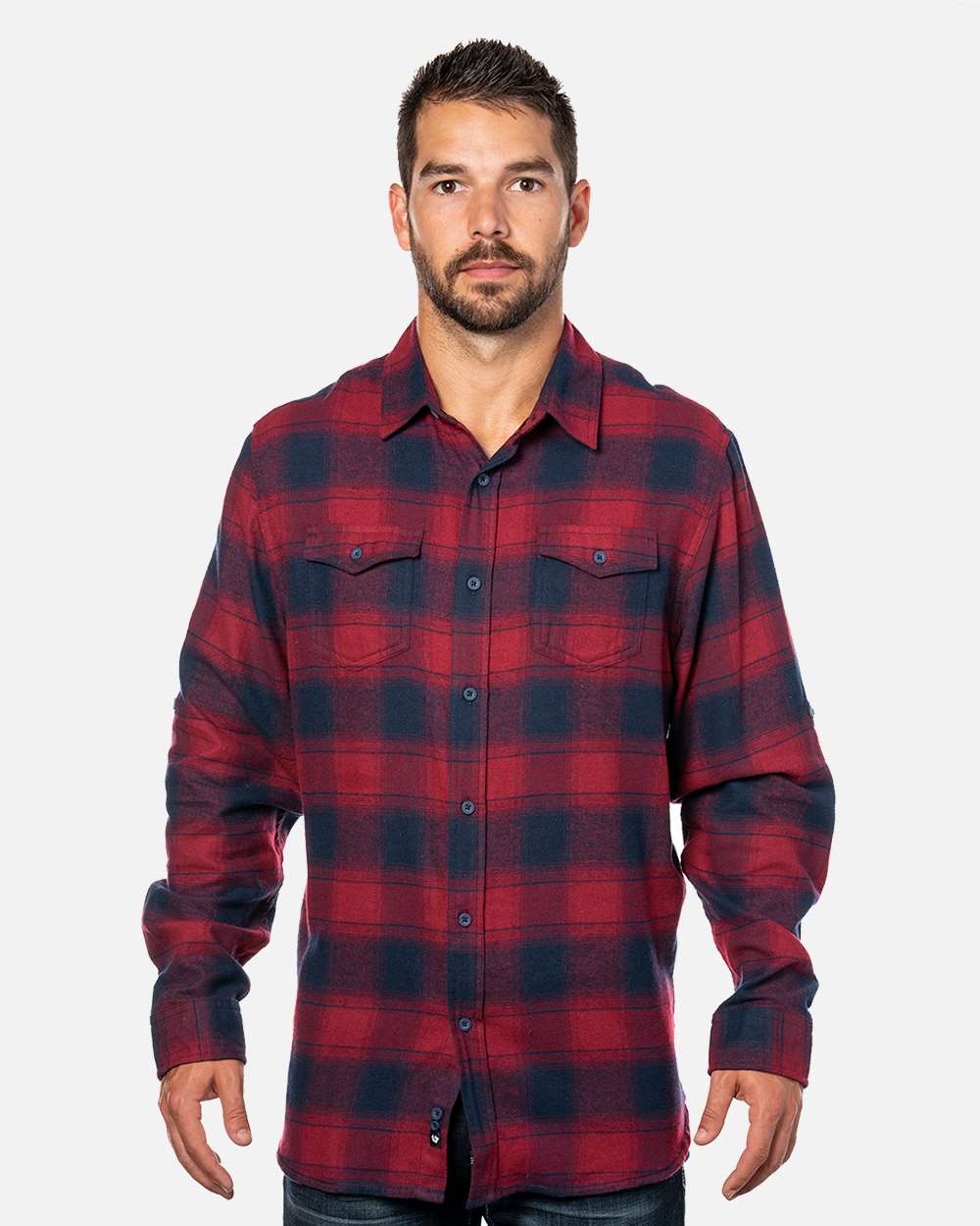 Front View of Crimson/ Navy Yarn-Dyed Flannel Shirt - 8210