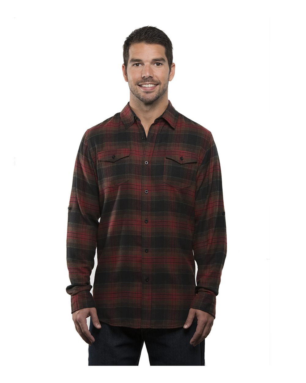 Front View of Crimson Yarn-Dyed Flannel Shirt - 8210
