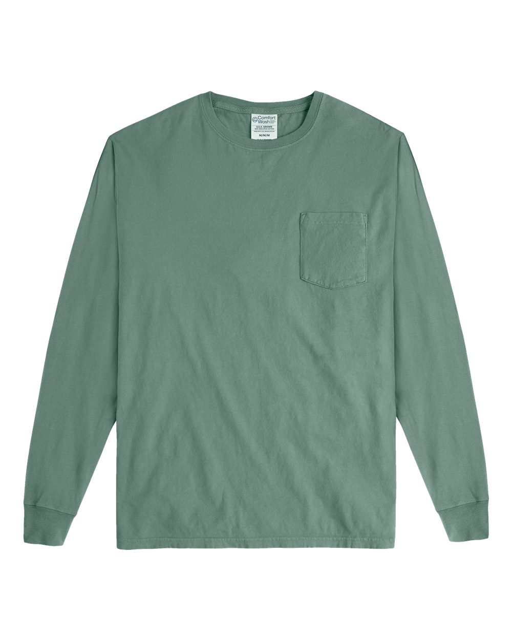Front View of Cypress Green Garment-Dyed Long Sleeve T-Shirt With a Pocket - GDH250