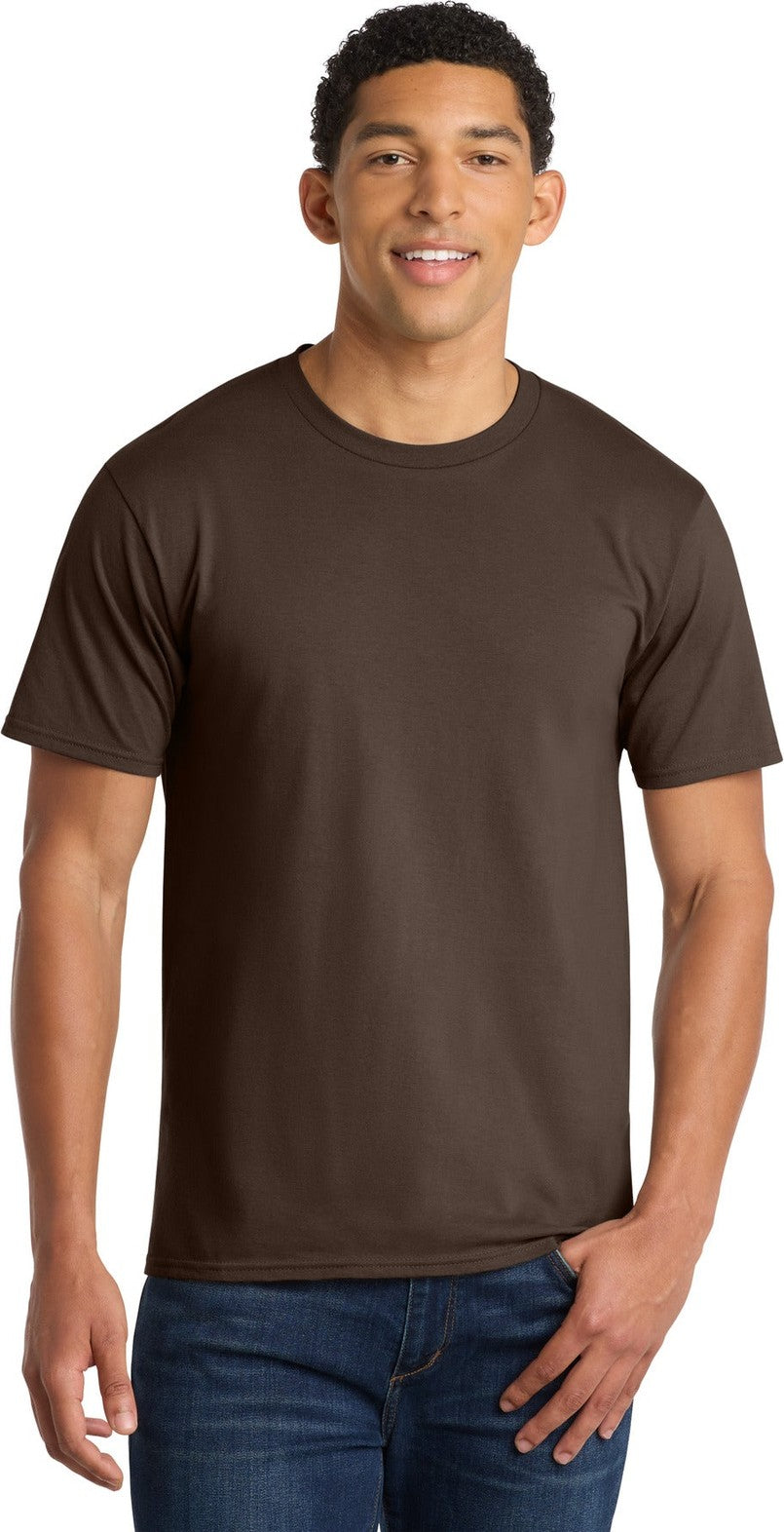 Front View of Dark Choc Brn Port & Co Fan Favorite Tee. PC450