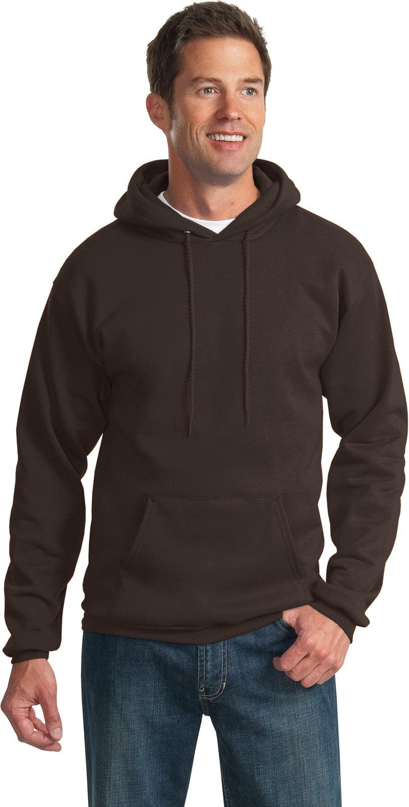 Front View of Dark Chocolate Port & Co Tall Essential Fleece Pullover Hooded Sweatshirt. PC90HT