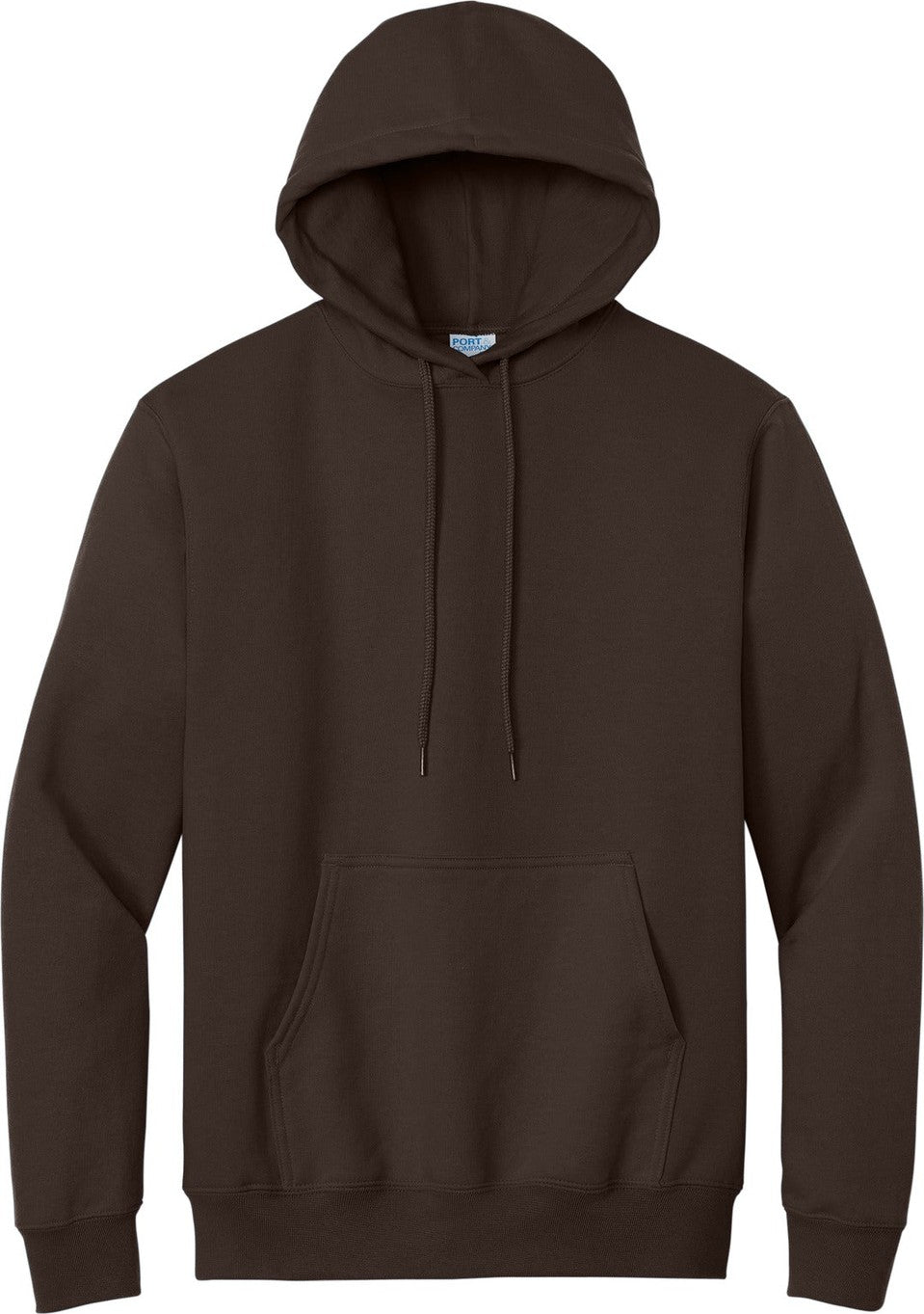 Front View of Dark Chocolate Port & Co Tall Essential Fleece Pullover Hooded Sweatshirt. PC90HT