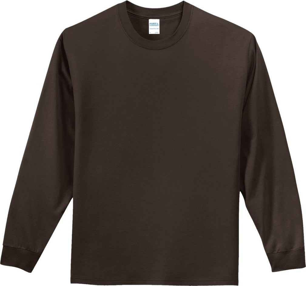 Front View of Dark Chocolate Port & Co Tall Long Sleeve Essential Tee. PC61LST