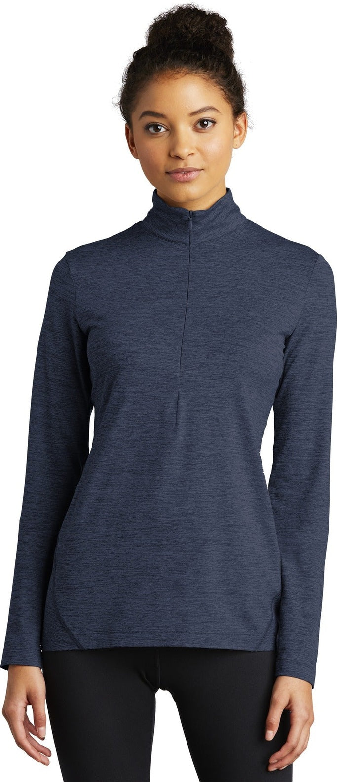 Front View of Dark Denim Hth Sport-Tek Women's Exchange 1.5 Long Sleeve 1/2-Zip LST711