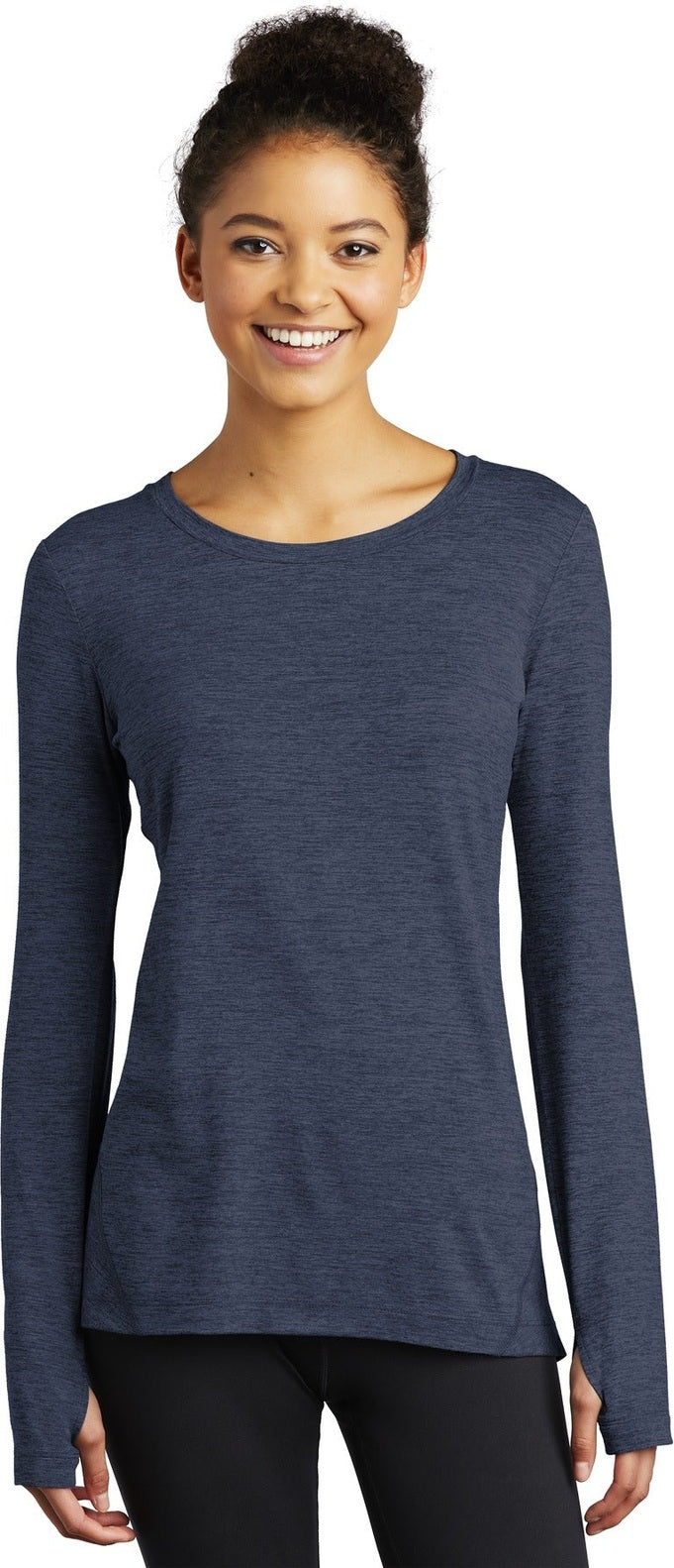 Front View of Dark Denim Hth Sport-Tek Women's Exchange 1.5 Long Sleeve Crew LST710