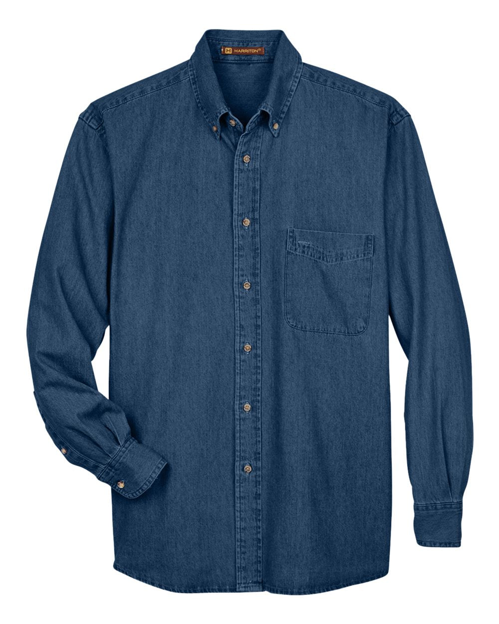 Front View of Dark Denim Men's Long Sleeve Denim Shirt - M550