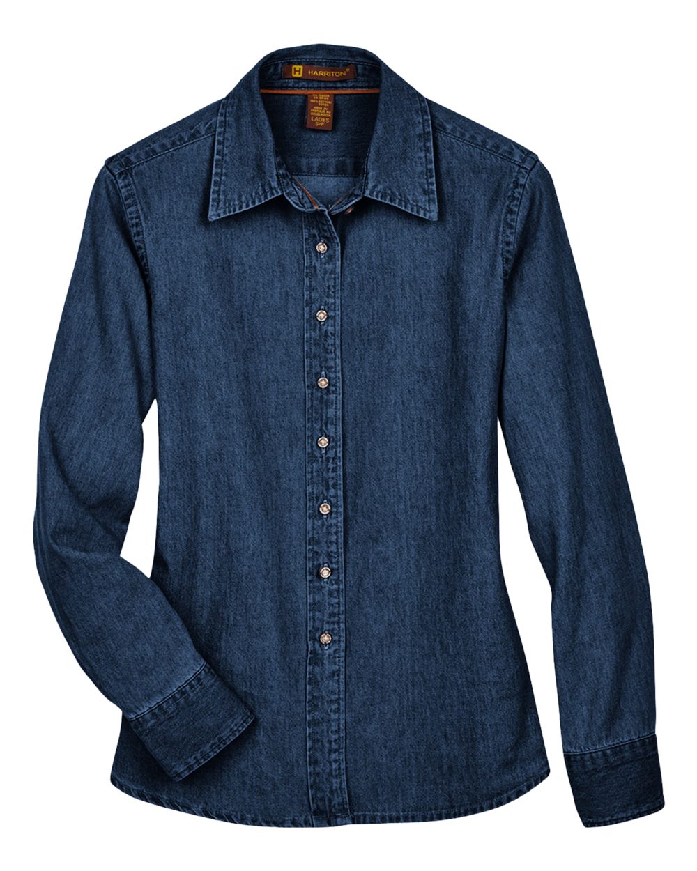 Front View of Dark Denim Women's Long Sleeve Denim Shirt - M550W