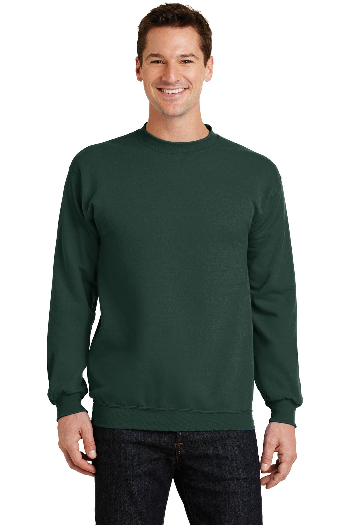 Front View of Dark Green Port & Co Core Fleece Crewneck Sweatshirt. PC78