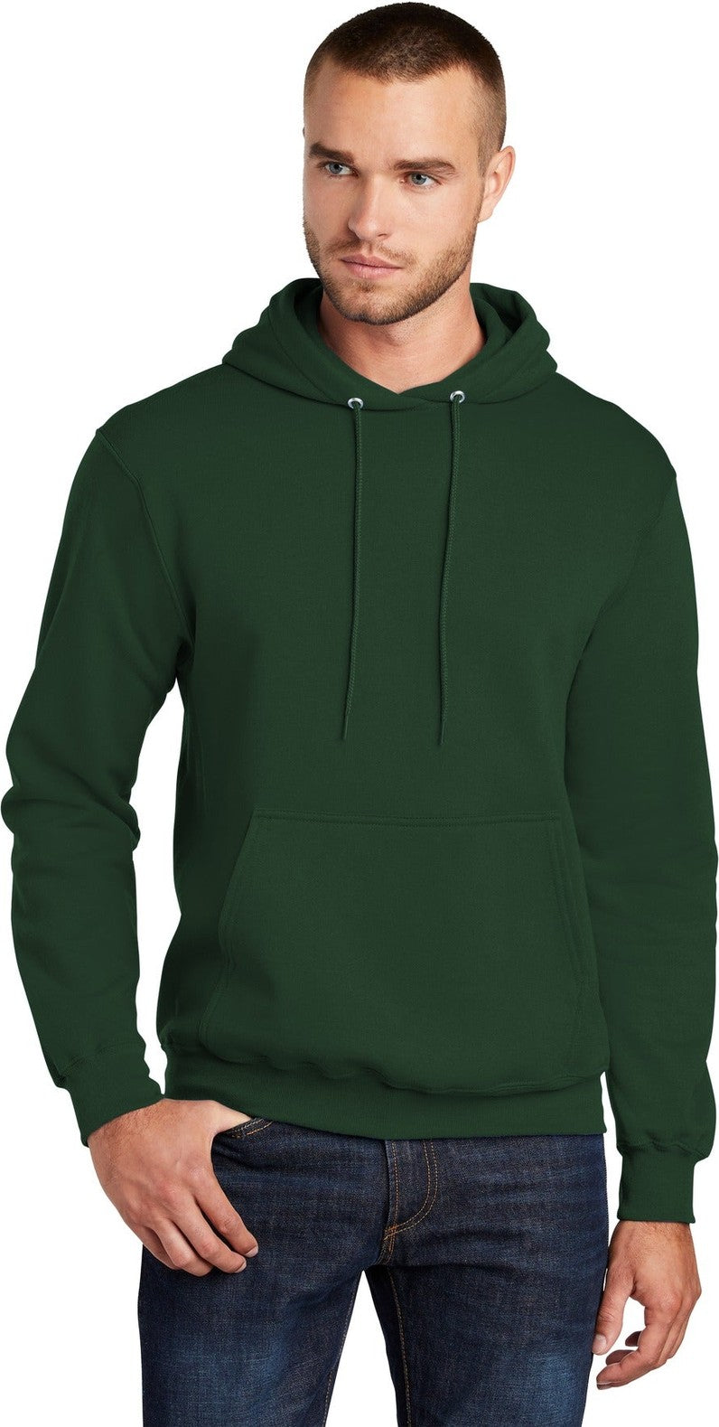 Front View of Dark Green Port & Co Core Fleece Pullover Hooded Sweatshirt. PC78H