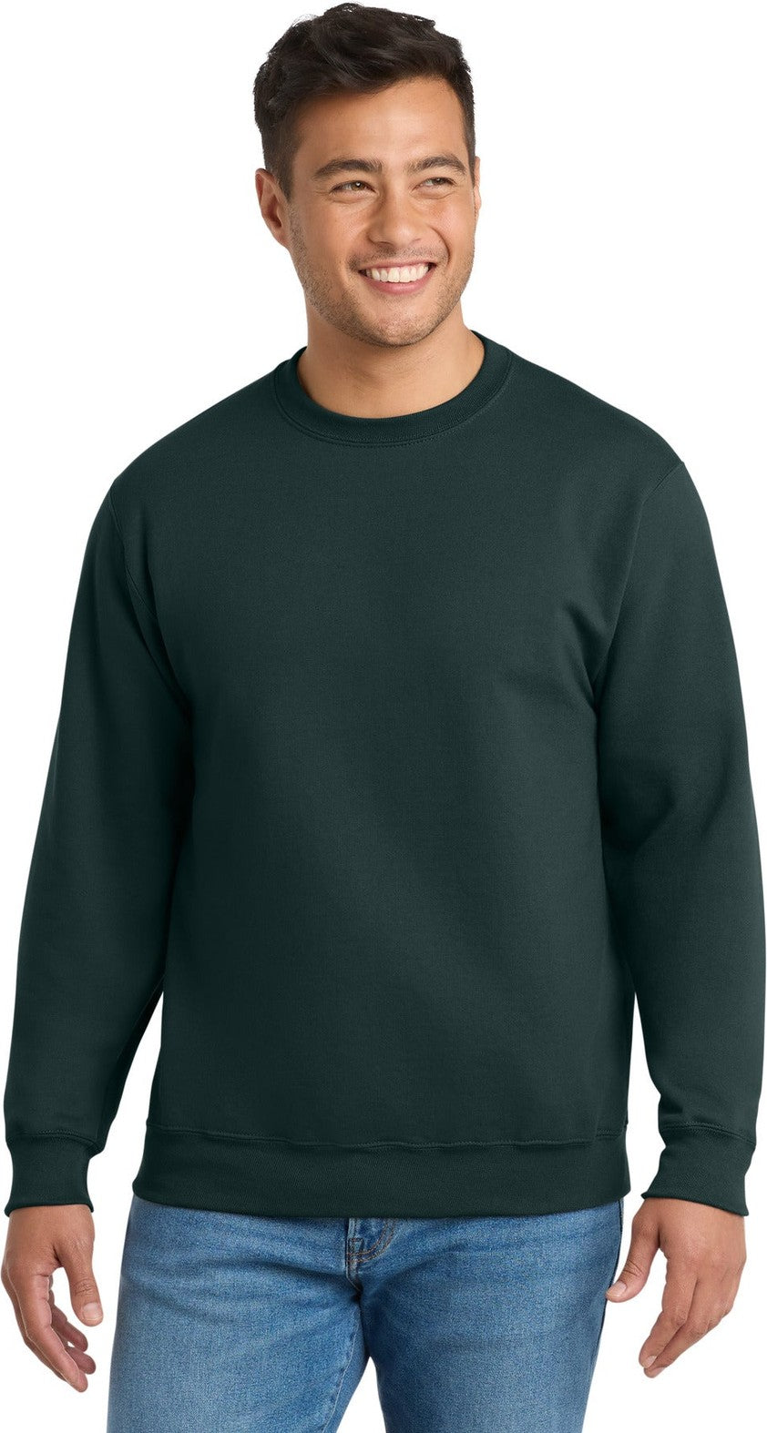 Front View of Dark Green Port & Co Essential Fleece Crewneck Sweatshirt. PC90