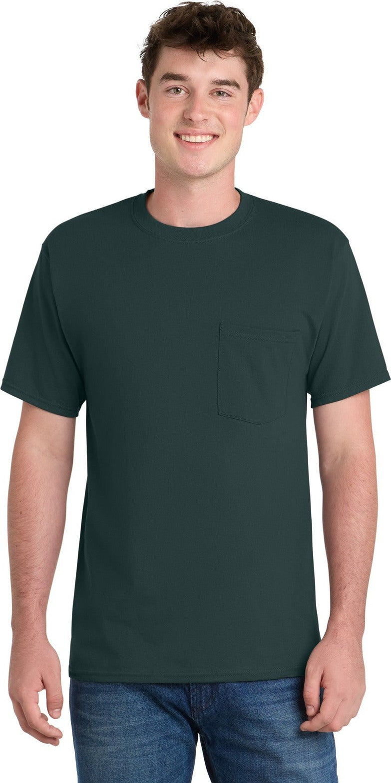 Front View of Dark Green Port & Co Essential Pocket Tee. PC61P