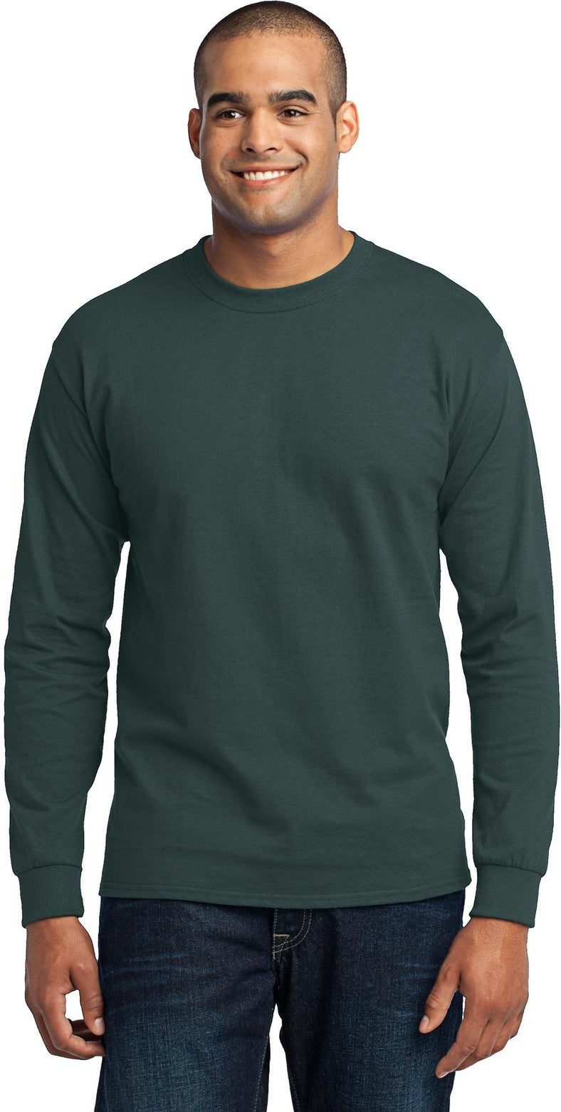 Front View of Dark Green Port & Co Long Sleeve Core Blend Tee. PC55LS