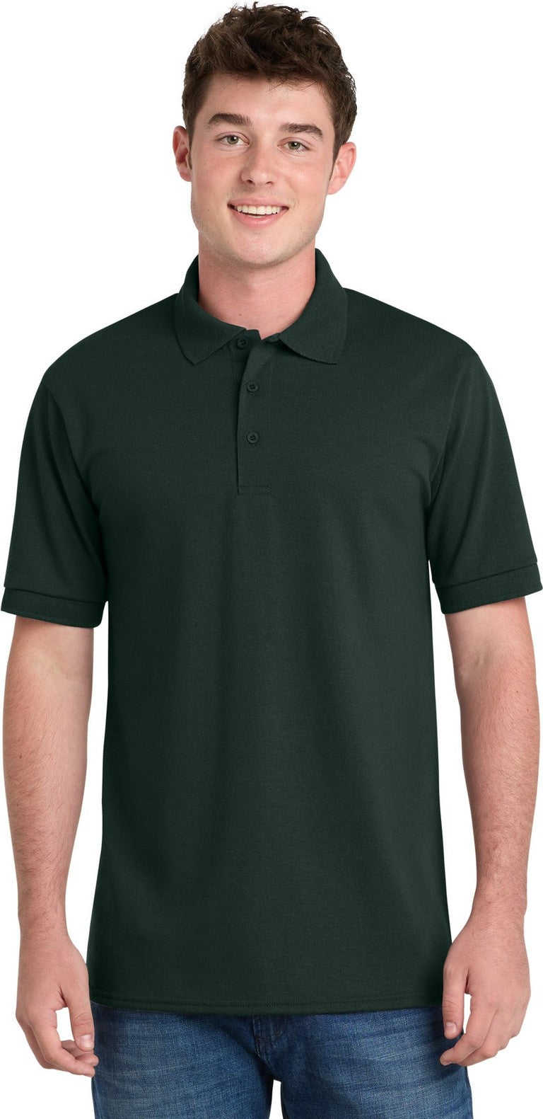 Front View of Dark Green Port & Co Tall Core Blend Jersey Knit Polo. KP55T
