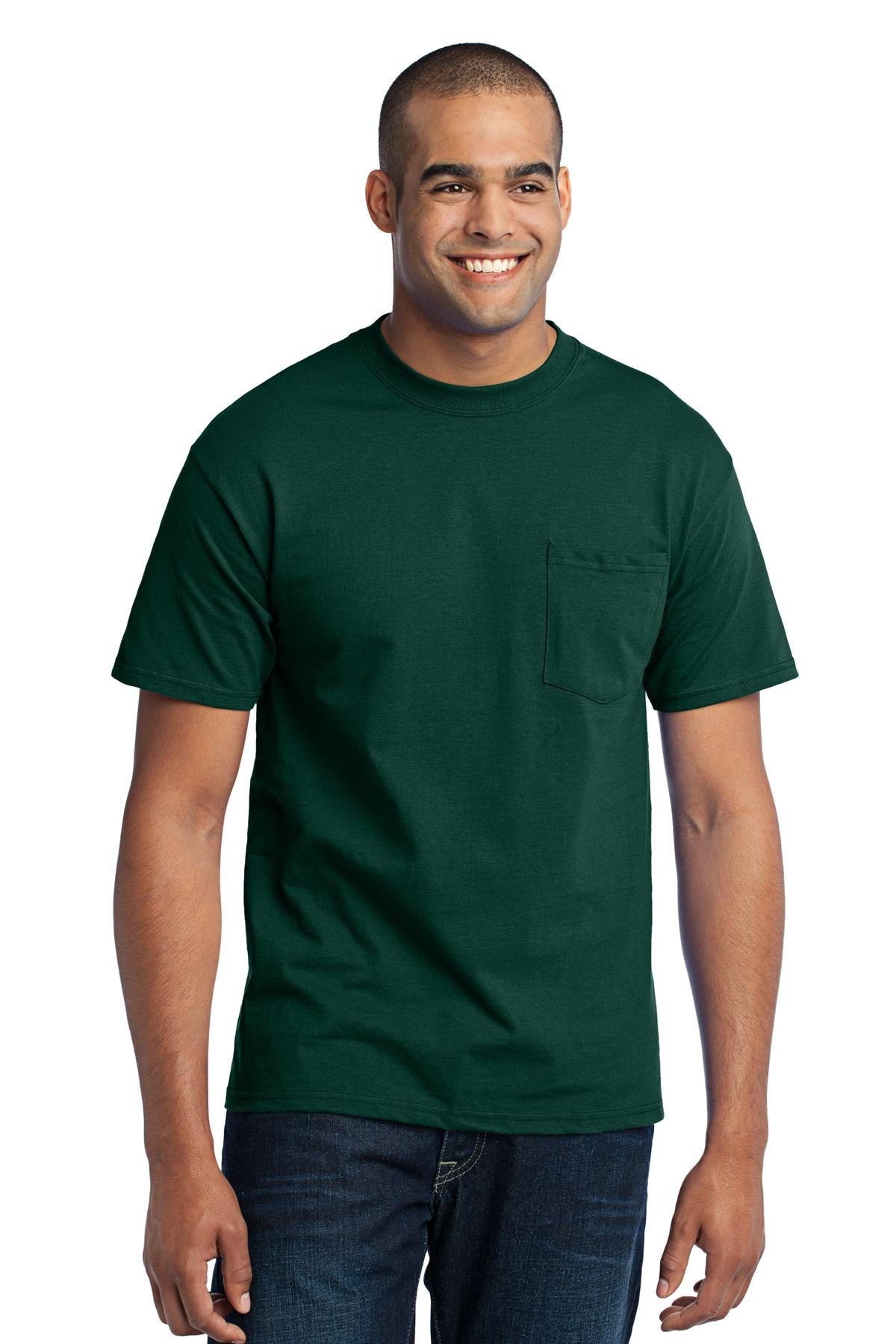 Front View of Dark Green Port & Co Tall Core Blend Pocket Tee. PC55PT