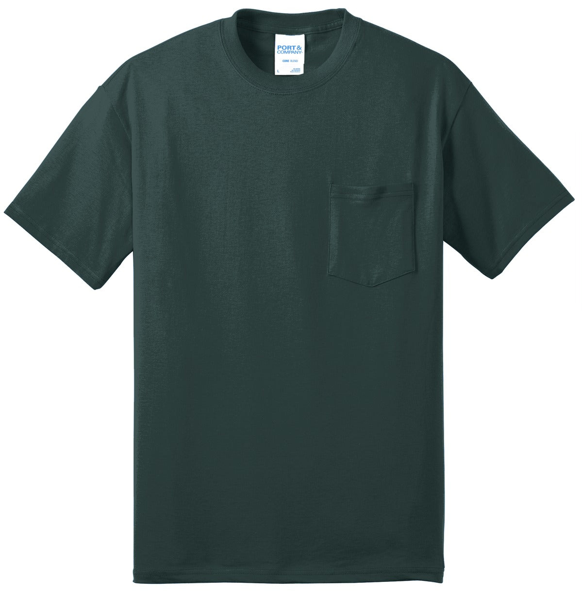 Front View of Dark Green Port & Co Tall Core Blend Pocket Tee. PC55PT