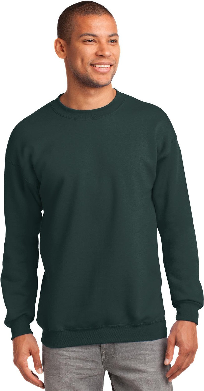 Front View of Dark Green Port & Co Tall Essential Fleece Crewneck Sweatshirt. PC90T