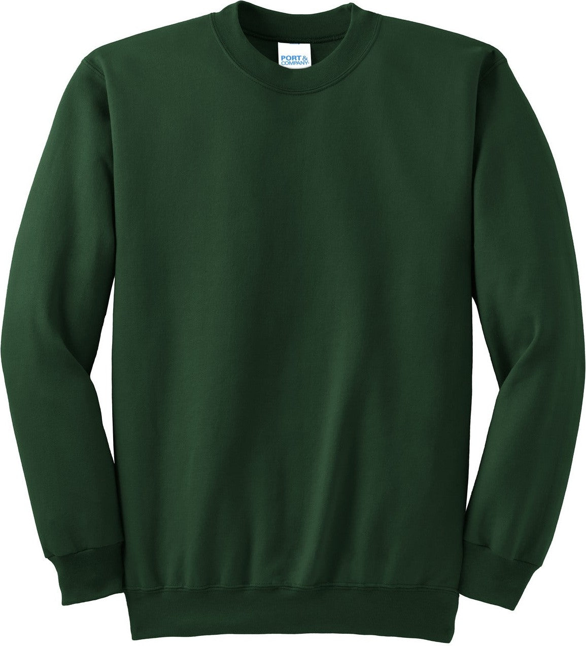 Front View of Dark Green Port & Co Tall Essential Fleece Crewneck Sweatshirt. PC90T