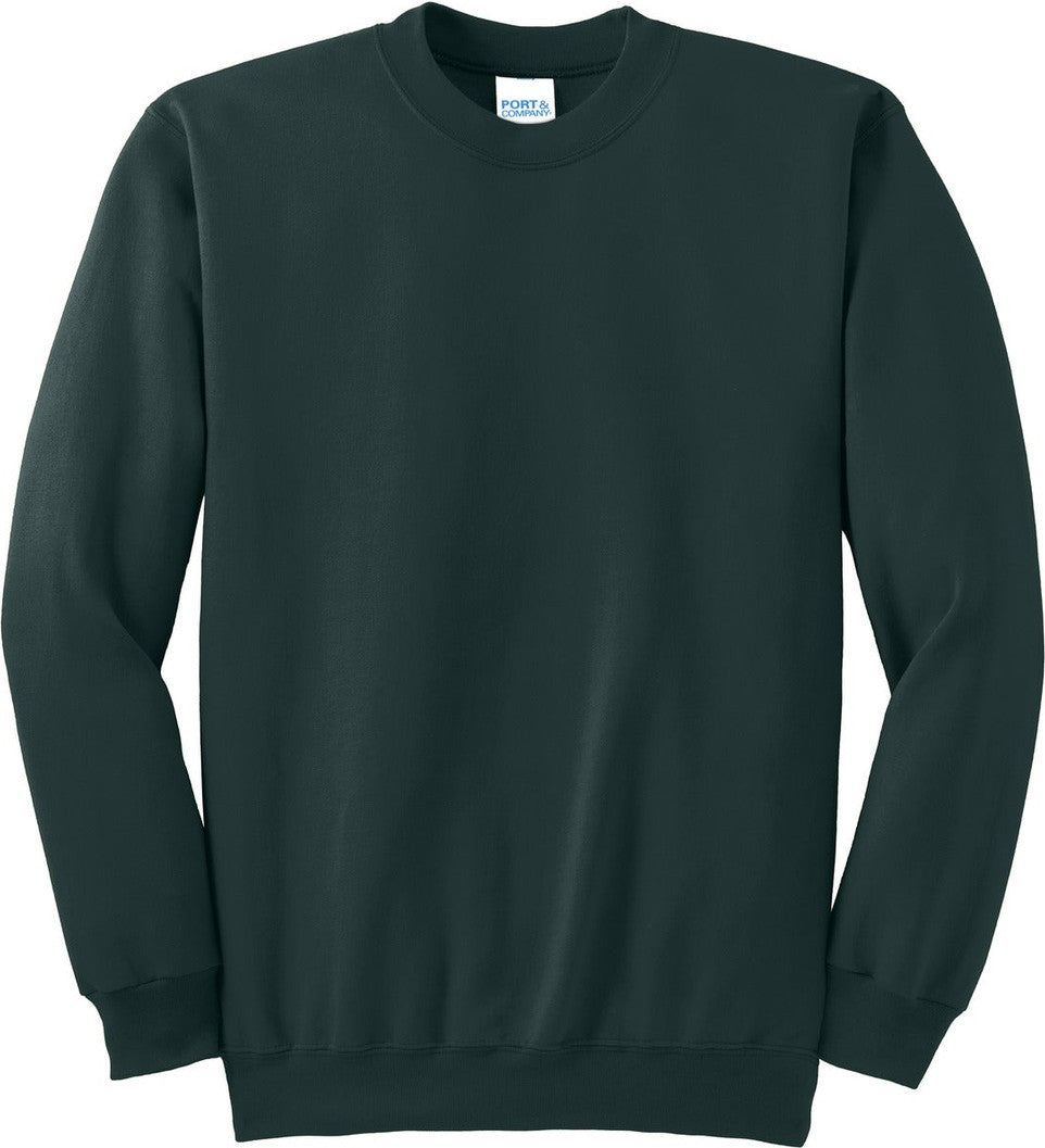 Front View of Dark Green Port & Co Tall Essential Fleece Crewneck Sweatshirt. PC90T