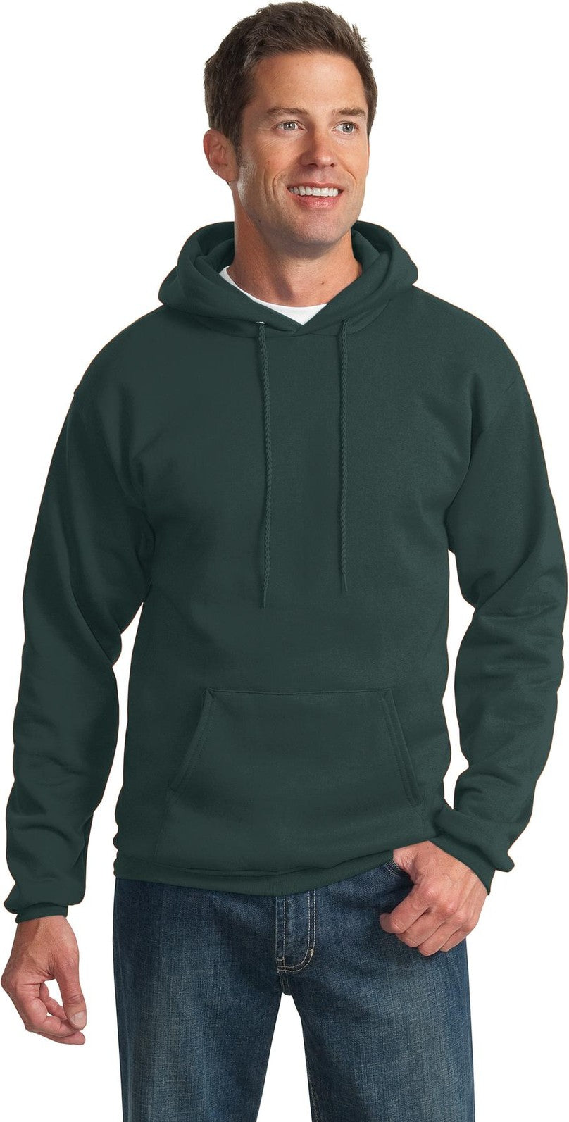 Front View of Dark Green Port & Co Tall Essential Fleece Pullover Hooded Sweatshirt. PC90HT